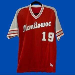 Vintage Red Graphic Jersey with Retro Sleeves - Size 42, Pre-Loved